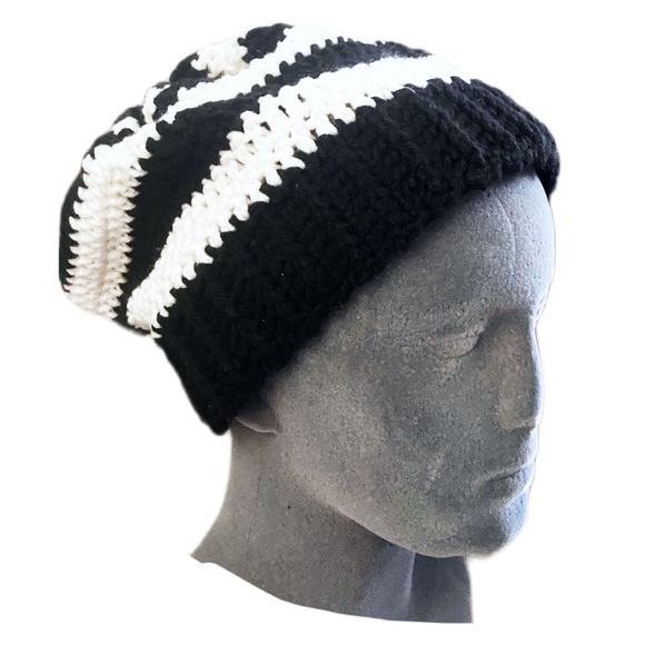 Hat Stripes Black White Beanie Goth Boho Beetlejuice Tim Burton Wednesday Thin - Picture 3 of 5